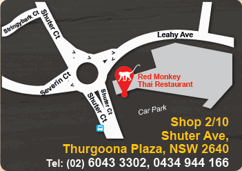 Google map Albury Thai, Google map Thurgoona Plaza Albury, Red Monkey Thai Thurgoona Plaza, Thai near Albury, Thai cuisine location, Charles Sturt university, Postgraduate Students Thurgoona campus, university lunch, university eats Thurgoona, university restaurant Thai,